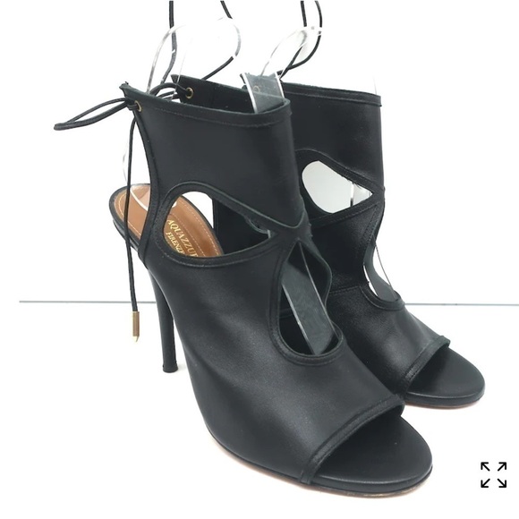 AQUAZZURA SEXY THING CUTOUT BOOTIES BLACK LEATHER SIZE 39 OPEN TOE HEELS - Picture 1 of 12